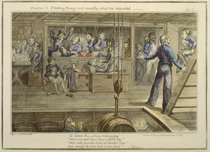 Mistrz B znajduje rzeczy, które nie są dokładnie takie, jakich się spodziewał, z „Postępu kadego”, opublikowanego przez Thomasa McLeana, 1 sierpnia 1835 (kolorowa akwatinta) autorstwa George Cruikshank